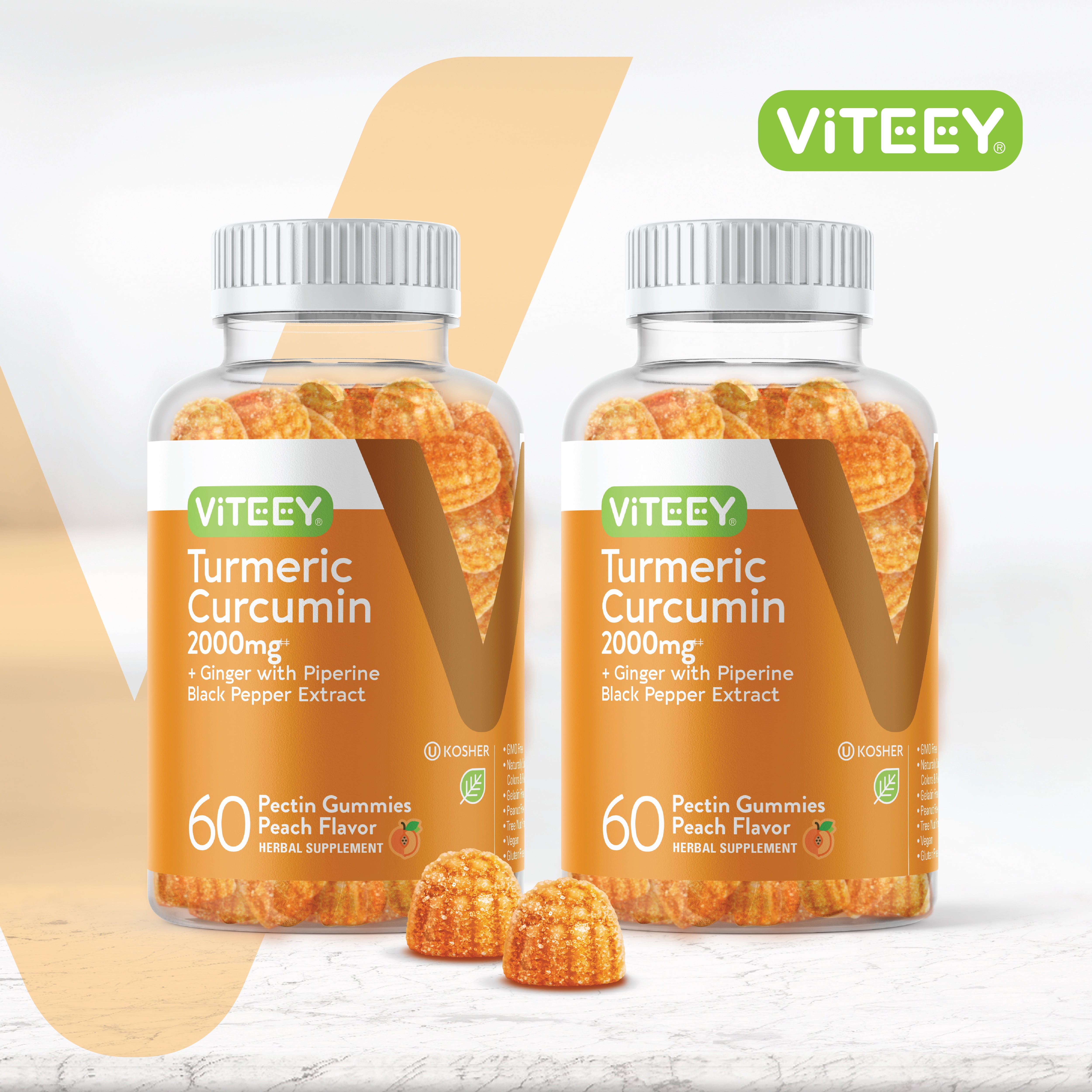 VITEEY Turmeric Gummies with Ginger, Immune Support, Peach Flavor, 60 Count, 2 Pack
