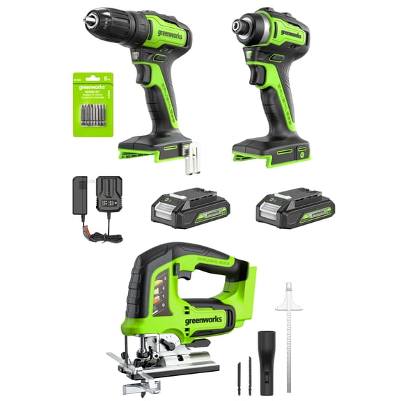 Greenworks 24V Carpentry 3 Tool, Brushless Drill Driver Combo Kit (2) 2Ah Batteries & Charger