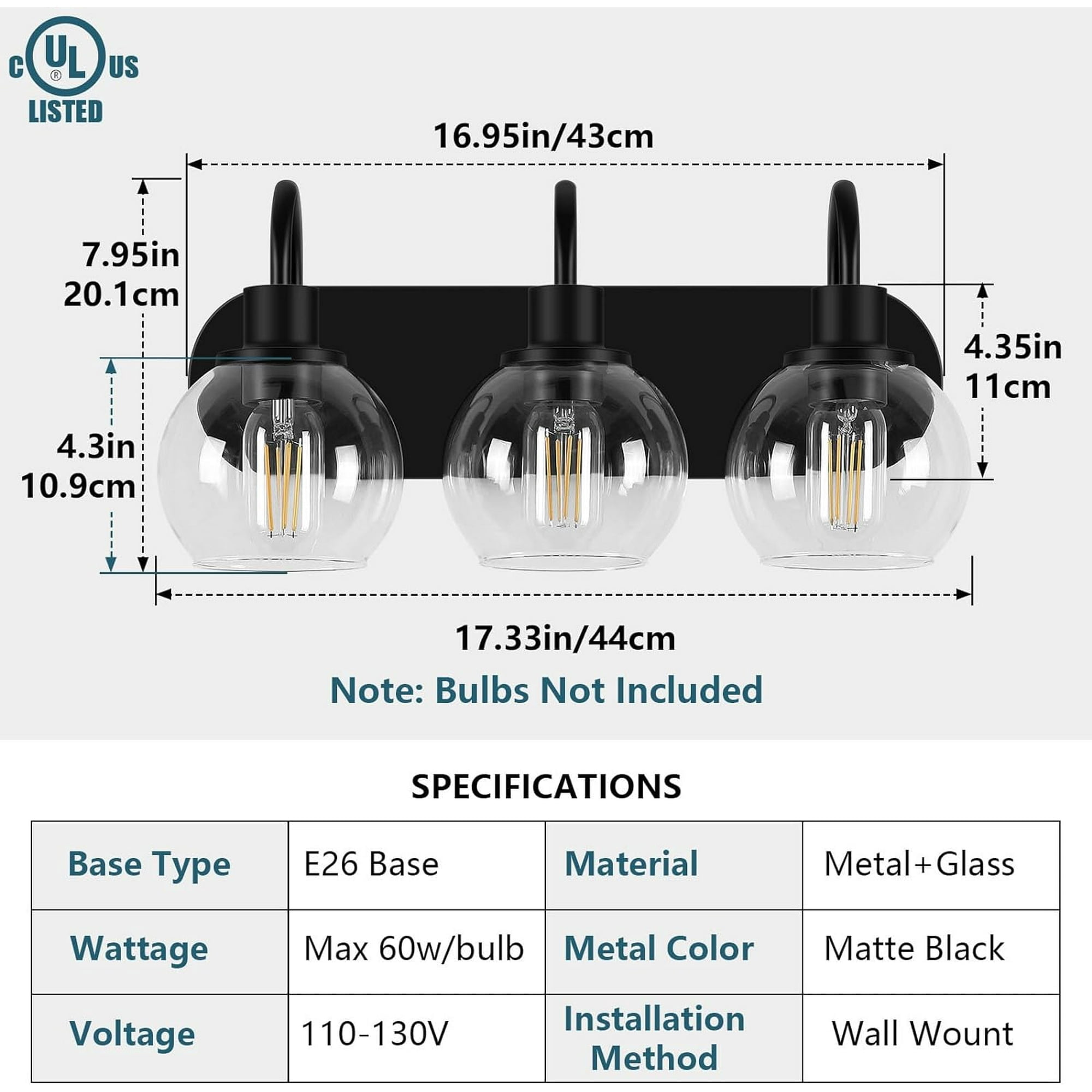 Matte Black Bathroom Light Fixtures Vanity Light for Bathroom 3 Lights Modern Wall Light Fixtures over Mirror with Clear Glass Shade