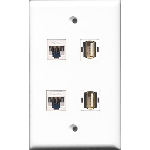 RiteAV - 2 Port USB A-A 2 Port Cat5e Ethernet White Wall Plate