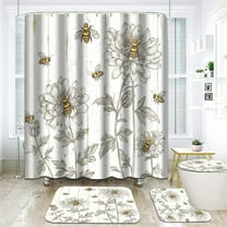 Bee 4PCS Shower Curtain Set-Bumble Floral Bathroom Sets Accessories with Non-slip Rug,Toilet Lid Cover,Bath Mat,12 Hooks-72x72in-Sketch Bees Waterproof Curtains-Home Decor Teen Adults Gifts