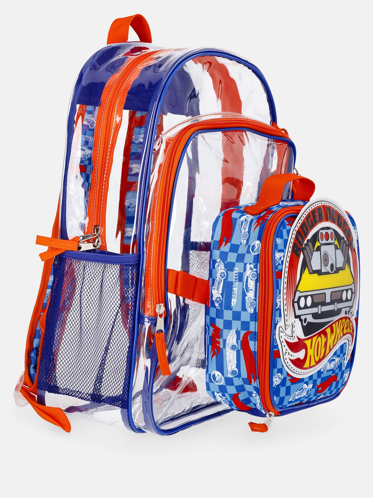 Hot Wheels Boys 17" Clear Rodger Dodger Backpack with Lunch Box & Bag Charm, 3-Piece Set, Orange