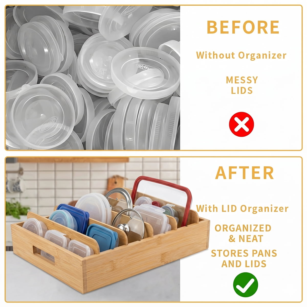Kitchen Cabinet Organizer for Food Storage Container Lids with Adjustable Dividers Bamboo Drawer Caddy Box for Kitchen Storage And Organization