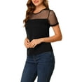 thumbnail image 4 of INSPIRE CHIC Women's Mesh Panel Dots Round Neck Short Sleeve Blouse Top XS Black, 4 of 7