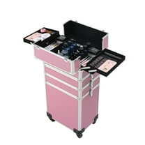 IVV 4 in 1 Makeup Rolling Train Case Aluminum Trolley - Professional Cosmetic Organizer Box with 4 Casters and 4 Keys - Pink (Cosmetic are not included)