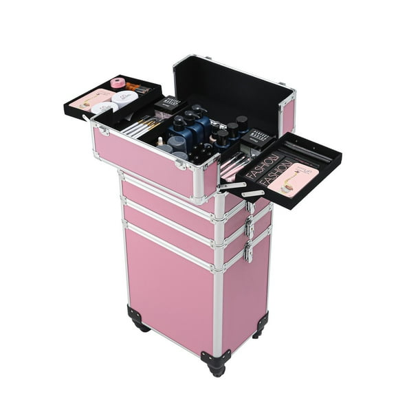 IVV 4 in 1 Makeup Rolling Train Case Aluminum Trolley - Professional Cosmetic Organizer Box with 4 Casters and 4 Keys - Pink (Cosmetic are not included)