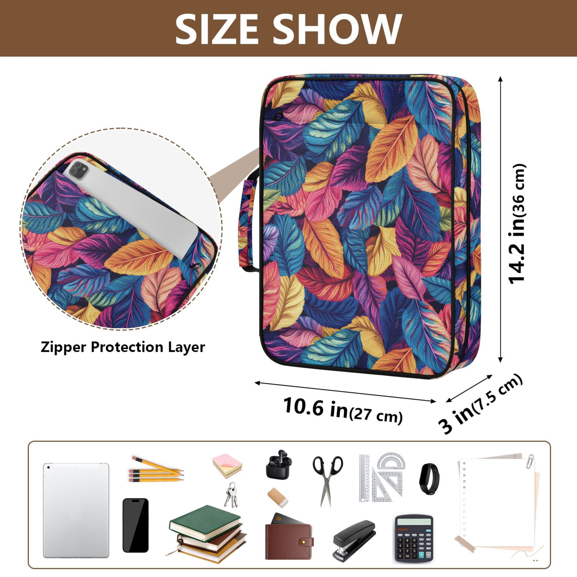 FORMRS Accordion File Folder A4 Size 7-Pocket Expanding Document Organizer Bag with 3 Ring Binder, Colorful Art Leaves Pattern