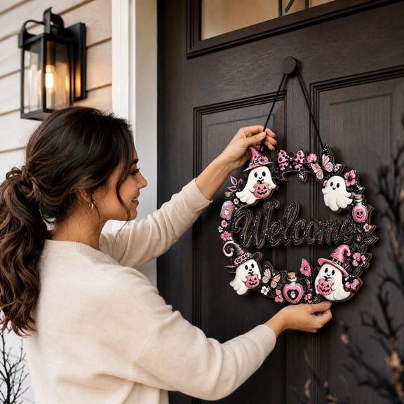 Welcome sign pink ghost door hanger,Halloween Wooden Door Hanger, 11.8 Inch Outdoor Halloween Door Decor Spooky Pink Halloween Decor for Front Porch Home Wall Halloween Party Decor