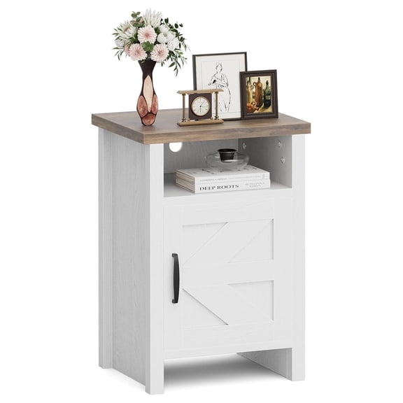 PINDEE Farmhouse Nightstand, Modern Bedside Table with Barn Door and Shelf, Rustic End Table Side Table for Bedroom, Living Room(1,White)