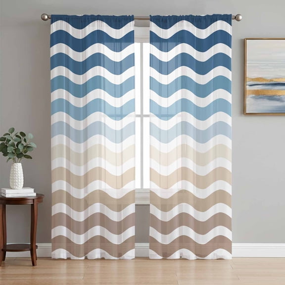 Navy Blue Brown Ombre Moire Semi Sheer Curtains 63 Inch Length 2 Panels Set, Water Ripple Stripe Farmhouse Sheer Kitchen Curtain Privacy Voile Window Curtain for Living Room Bedroom Rod Pocket Drapes