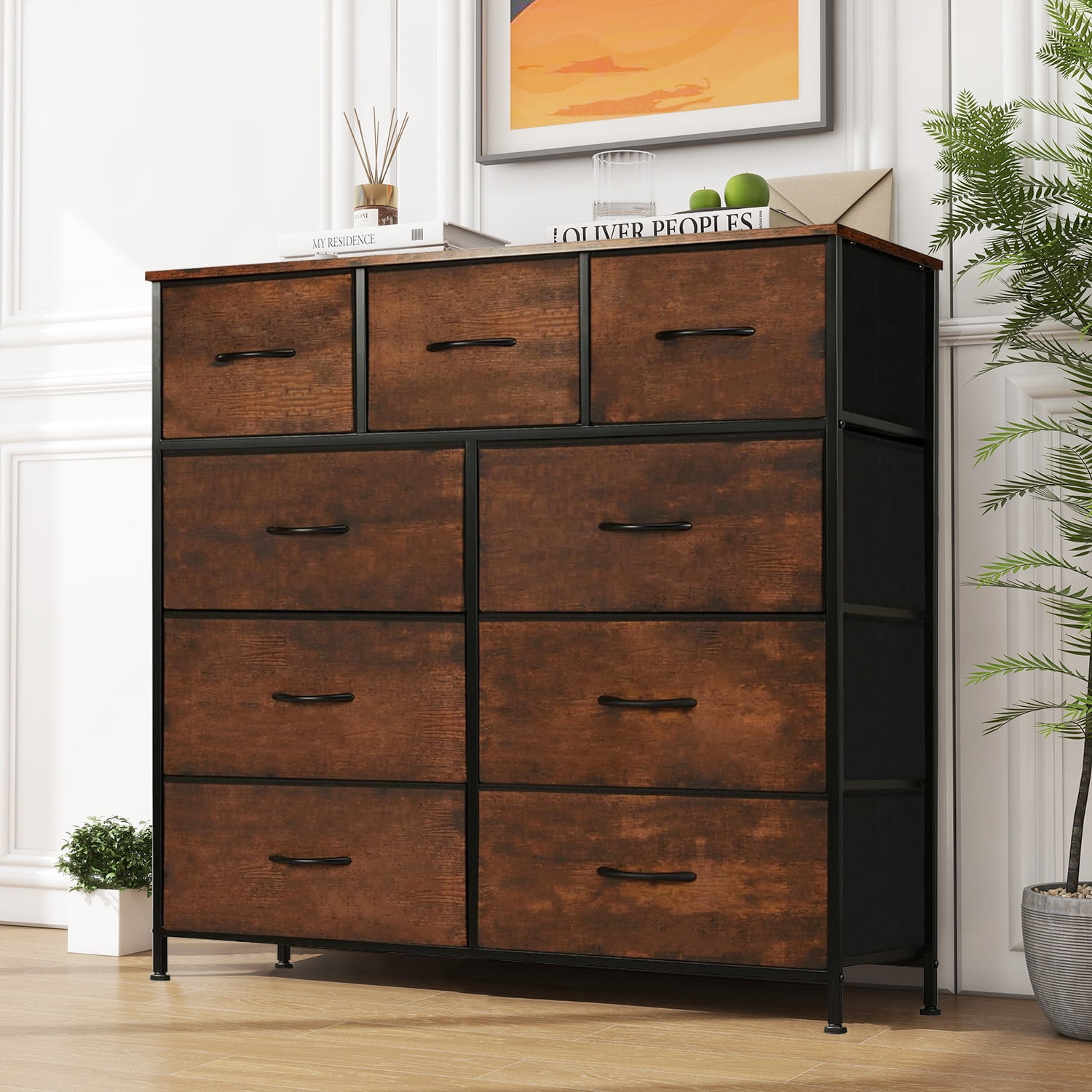 9-Drawer Fabric Dresser with Wood Top - Compact Storage Organizer for Bedroom, Closet, Brown