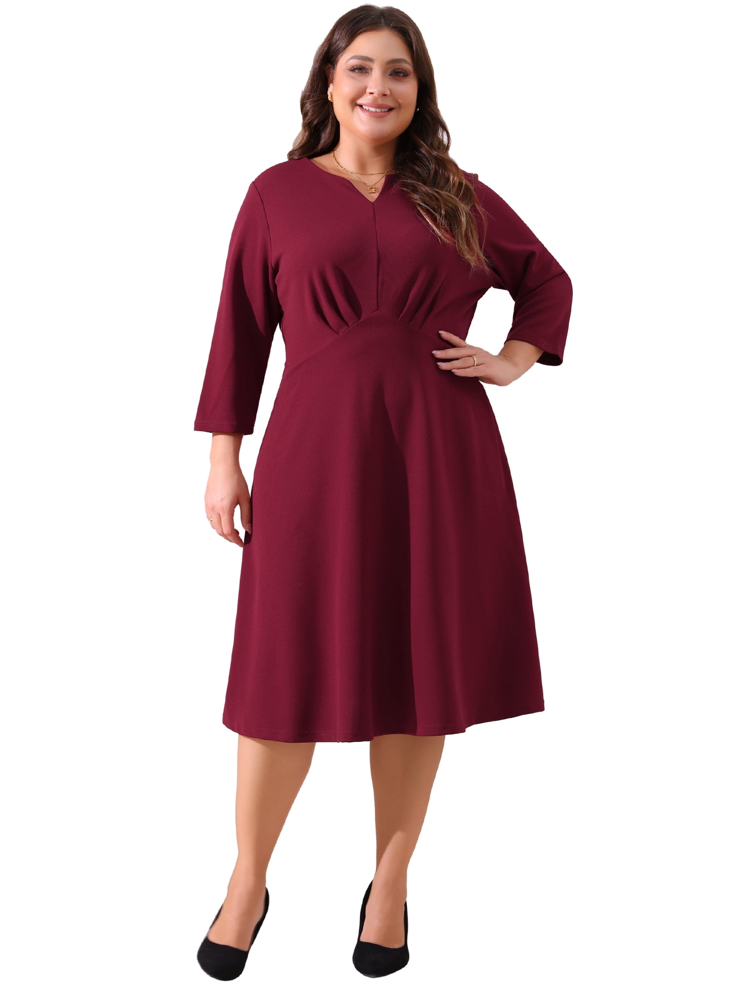DARING DIVA Plus Size Midi Notched V Neck 3/4 Sleeve A-Line Dress 3X Burgundy