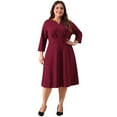 thumbnail image 3 of DARING DIVA Plus Size Midi Notched V Neck 3/4 Sleeve A-Line Dress 1X Burgundy, 3 of 6