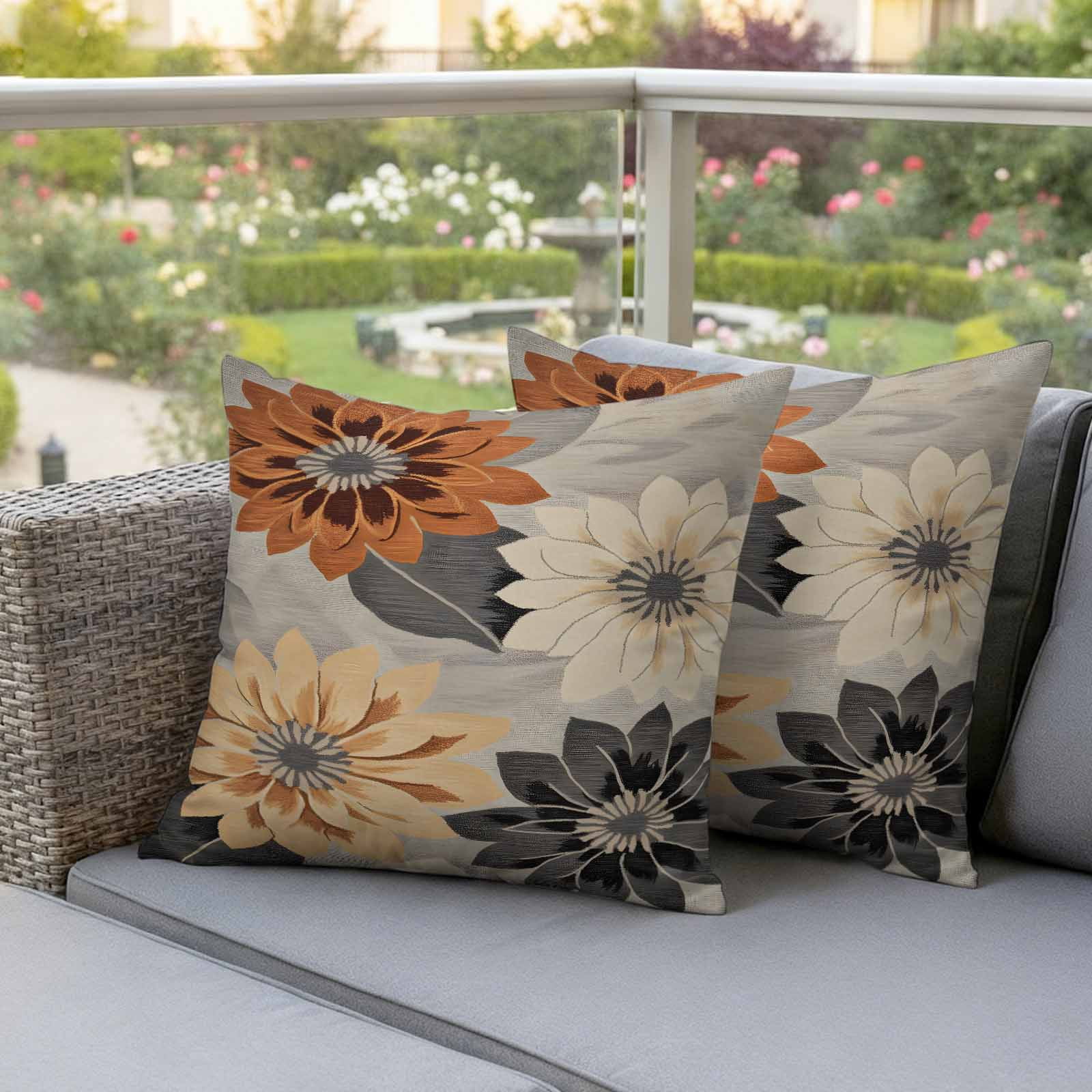 Burnt Orange Grey Black Flower Outdoor Waterproof Pillow Covers, Spring Floral Botanical Decorative Square Throw Pillowcase Sofa Cushion Sham for Patio/Couch/Chair, 16"x16" 2 Pack