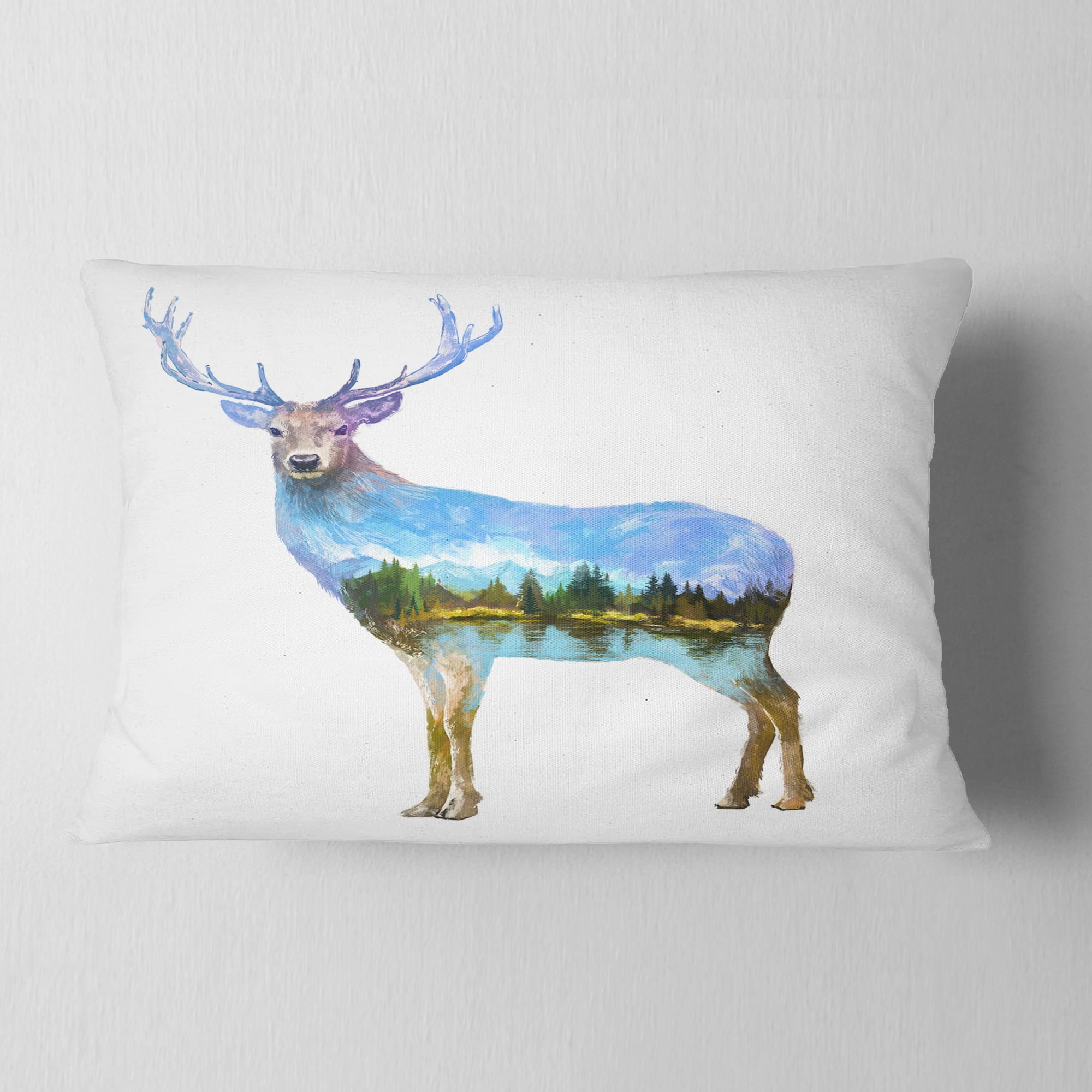 Designart Deer Double Exposure Illustration - Animal Throw Pillow - 12x20