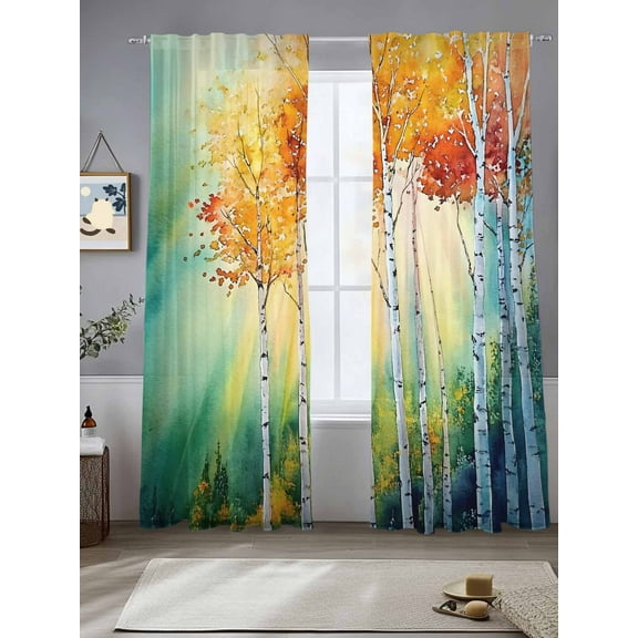 Orange Green Trees Sheer Curtains for Living Room Bedroom Watercolor Chic Beanch Leaf Sheer Curtains 108 Inch Long 2 Panels Set Light Filtering Curtain Window Treatments Drapes for Dining Room