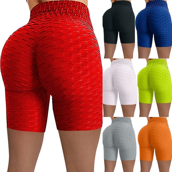 Women's High Waisted Yoga Shorts, Butt Lifting Biker Shorts, Wrinkled Texture Workout Shorts, Fitness Running Gym Shorts, Solid Color High Waist Spring Summer Casual Wear-Black