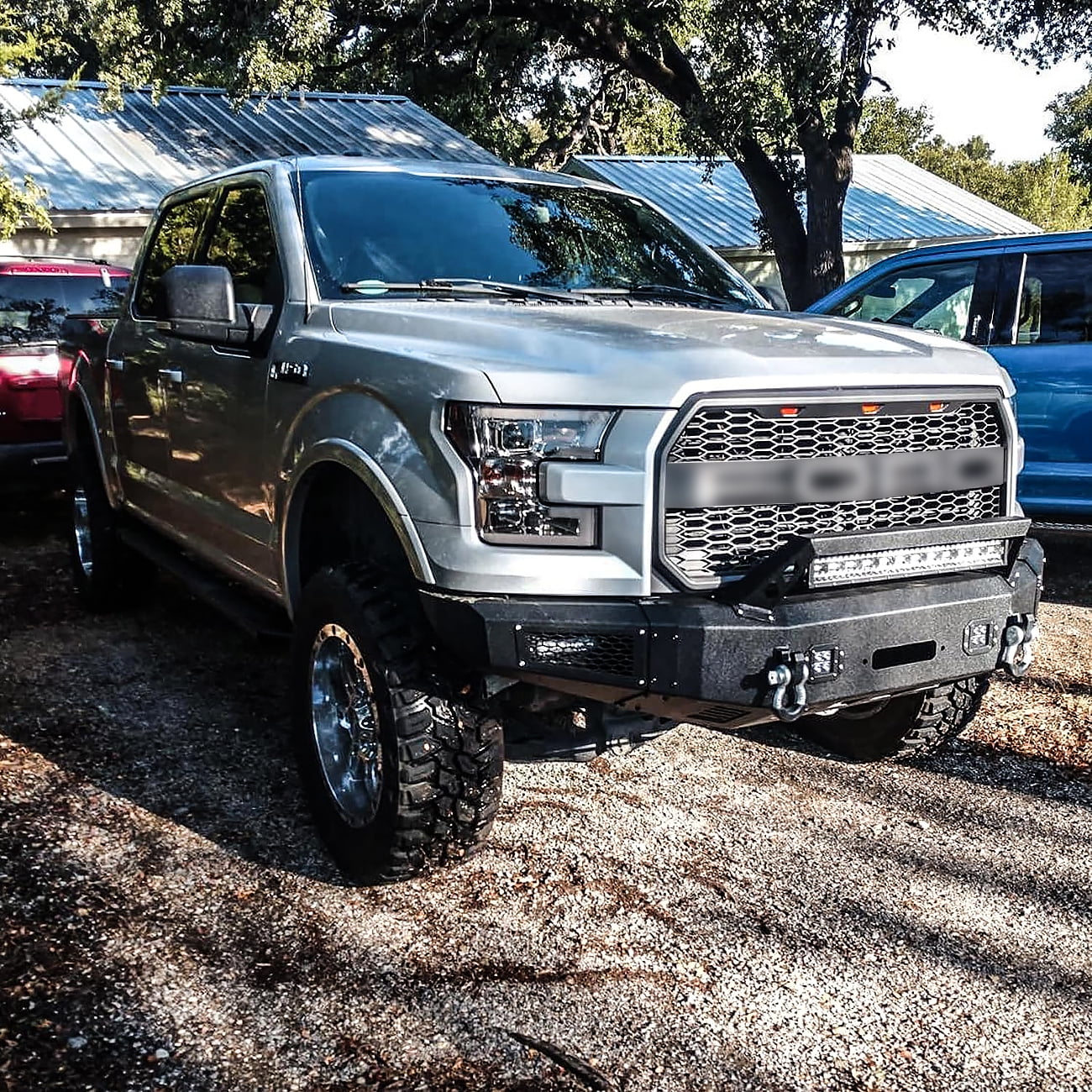 Vijay Compatible with 2015-2016-2017 Ford F150 Front Bumper Textured Black Steel with Lights and D-rings