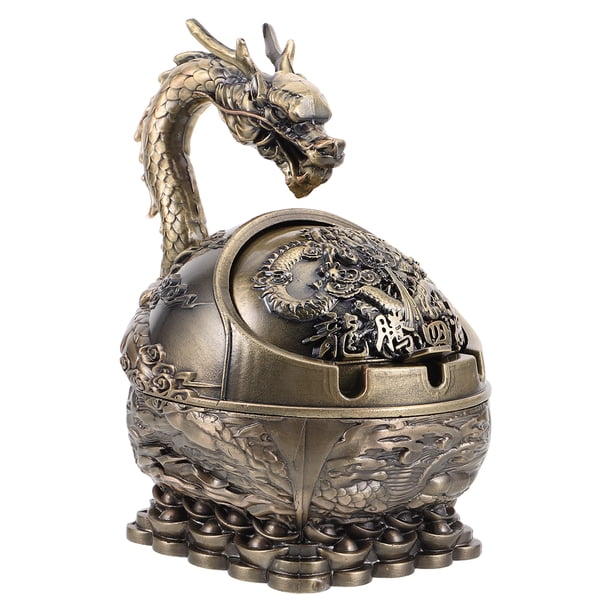 Cenicero decorativo a prueba de viento con tapa de dragón vintage, cenicero portátil de metal, adorno elegante tallado a mano para hombres, escritorio para el hogar en interiores y exteriores
