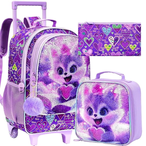 3PCS Girls Fox Roller Backpack, Kids Sequin Wheeled Bookbag with Lunch Box, Water-Resistant Rolling School Bag for Elementary Preschool Toddler - Fox Reading, Purple