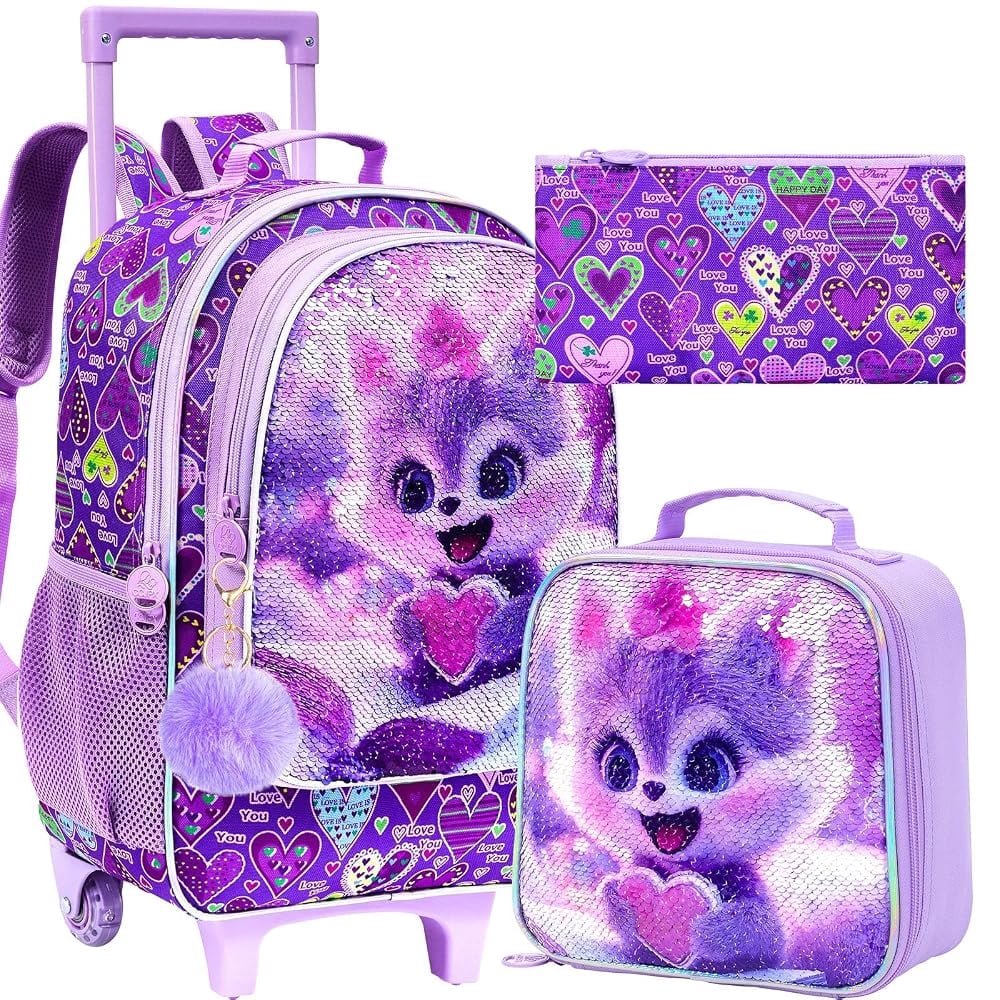 3PCS Girls Fox Roller Backpack, Kids Sequin Wheeled Bookbag with Lunch Box, Water-Resistant Rolling School Bag for Elementary Preschool Toddler - Fox Reading, Purple