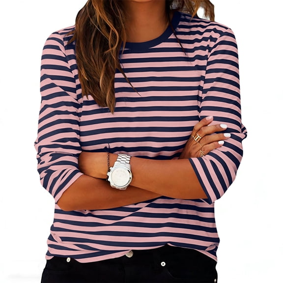 Mifsaly Womens Striped Shirt Crewneck 3/4 Sleeve Cotton Tops Comfortable Everyday Summer T-Shirts L