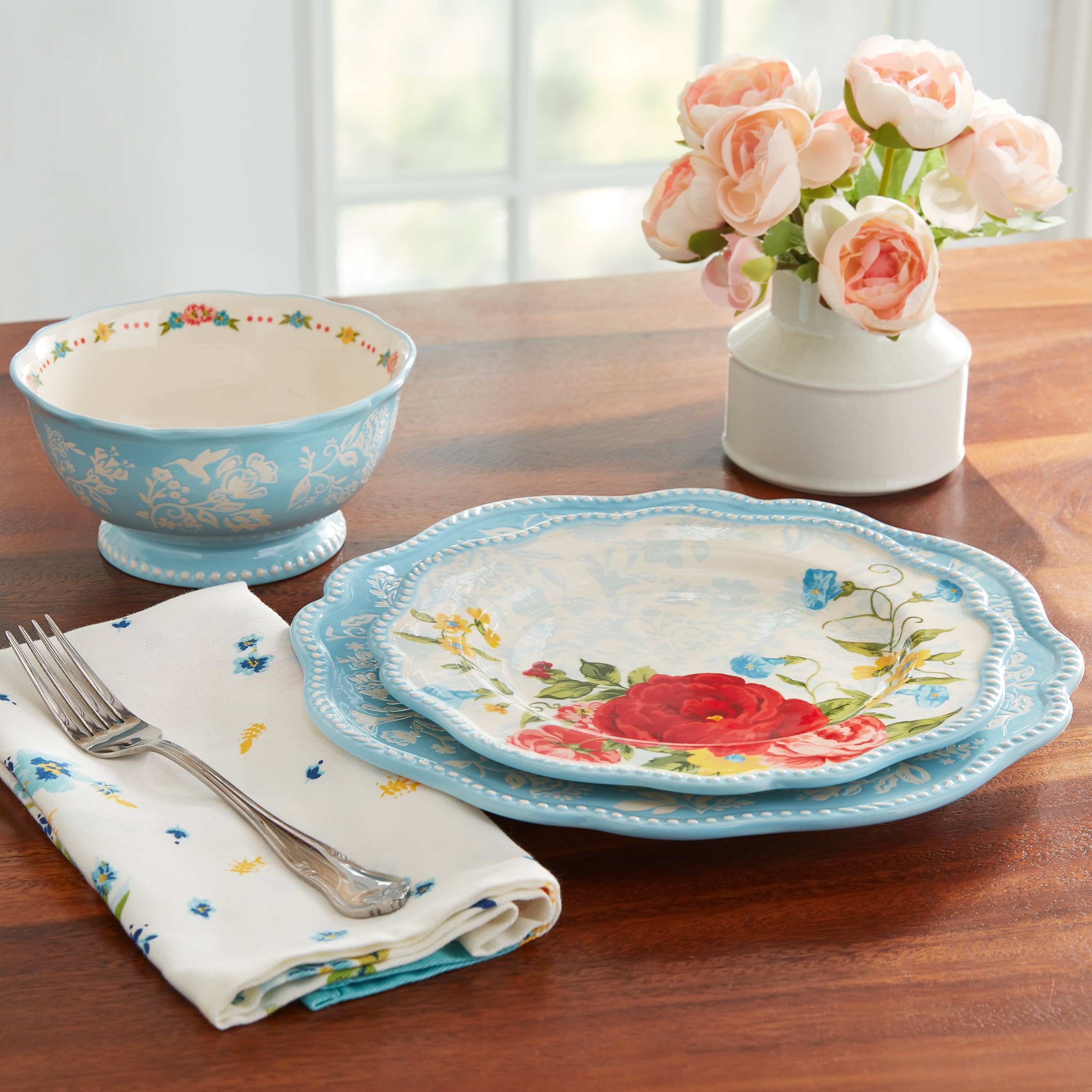 (3 pack) The Pioneer Woman Sweet Rose Light Blue Stoneware 12-Piece Dinnerware Set