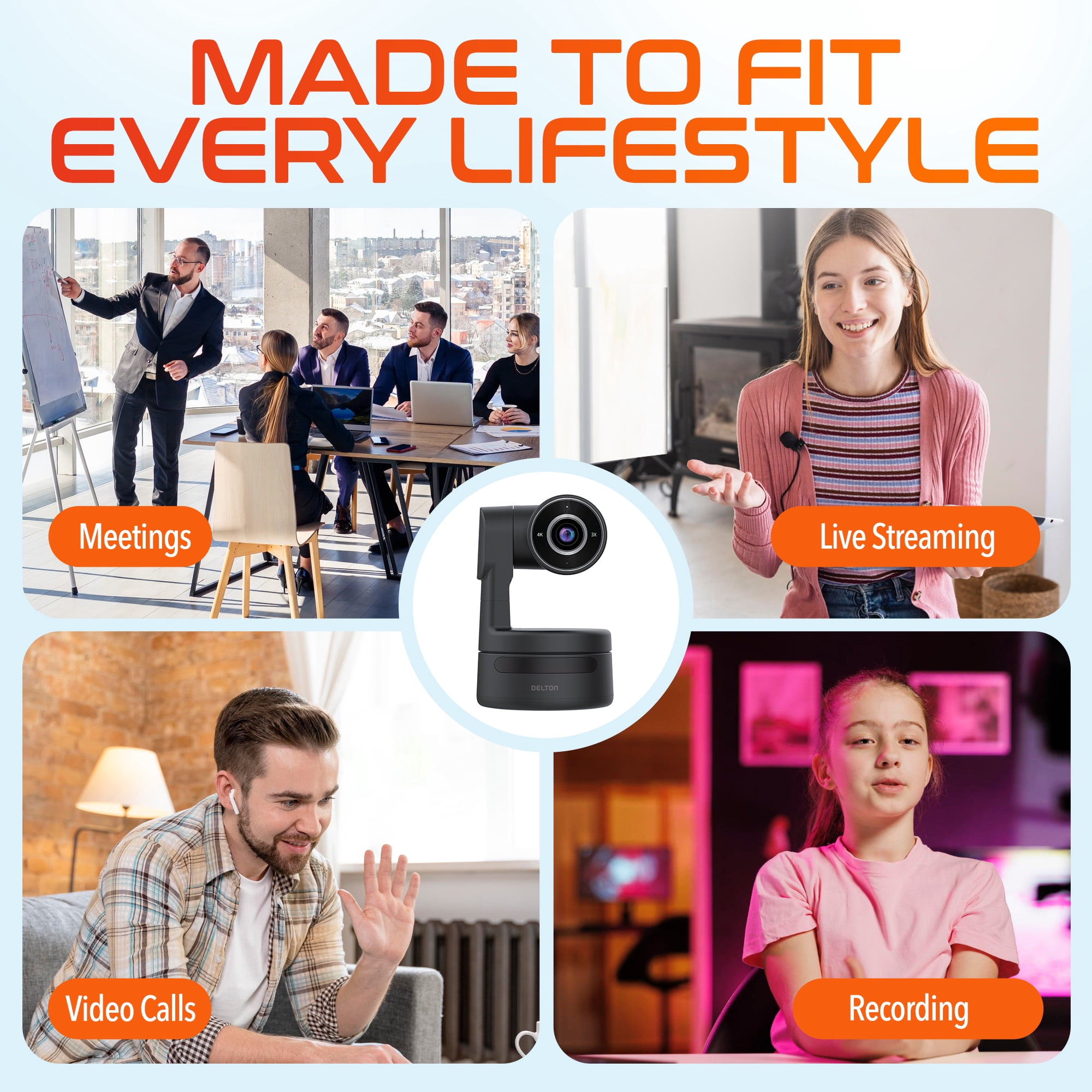 Delton C68 PTZ 4K Wired Webcam, Noise Reduction for Computer Camera With AI Tracking, Streaming Camera Compatible With Laptop/Desktop/PC/MacBook, Black