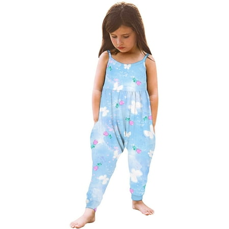

Yubatuo Baby Kids Girls Sleeveless Floral Print Strap Romper jumpsuit Blue 90