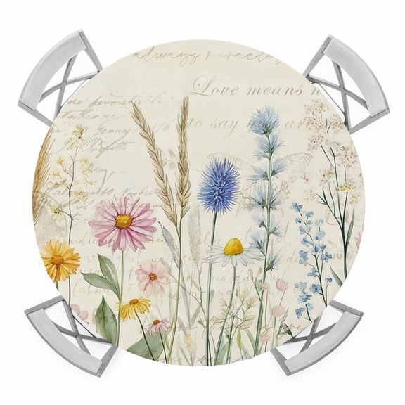 Spring Floral Round Fitted Tablecloth with Elastic Edge, Waterproof Table Cloth Table Cover for 36"-44" Tables, Summer Farmhouse Vintage Botanical Tablecloths for Dining Picnic Indoor Outdoor