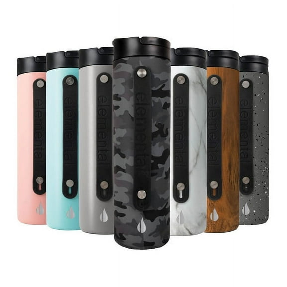 Elemental Iconic Triple Wall Vacuum Insulated Water Bottle with Straw & Sports Lid, Stainless Steel Metal Water Bottle for Gym, Travel, & Sports, Slim Reusable Leak Proof Flask, 20oz - Black Camo