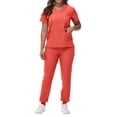 thumbnail image 2 of Minjewel Women's V-Neck Short Sleeve Scrub Set with Tie-Up Top & Waist Cinching, Flattering Scrubs for Women Nurses & Caregivers,Watermelon Red S, 2 of 6