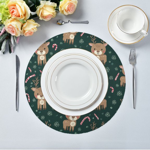 15.4" Round Placemat Set of 1 Polyester Fabric Place Mats Non-Slip Dining Kitchen Table Mats for Kitchen Party Decor Cute Christmas Reindeer Pattern