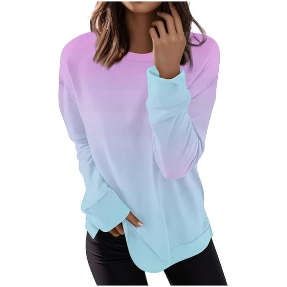 Hrsba Women's Oversized Casual Tops, Fall Tops for Women Gradient Print Round Neck Long Sleeve Sweatshirt with Side Slits Casual Women Casual Tops