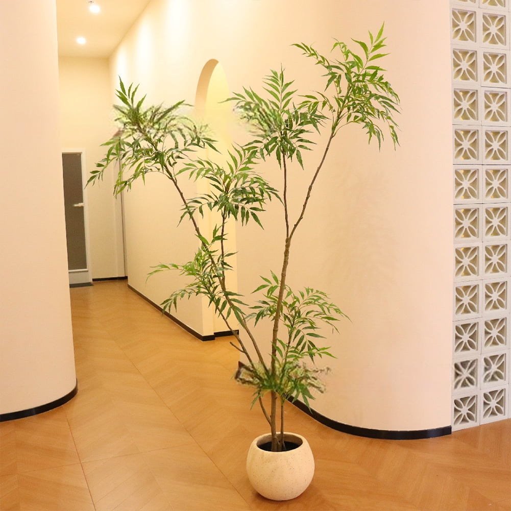 5.9FT Artificial Mahonia Fortunei Tree, Artificial Fake Plants With Planter, Realistic Fake Mahonia Fortunei, Faux Floor Plants For Home Office Living Room Decoration （White flower pots not included）