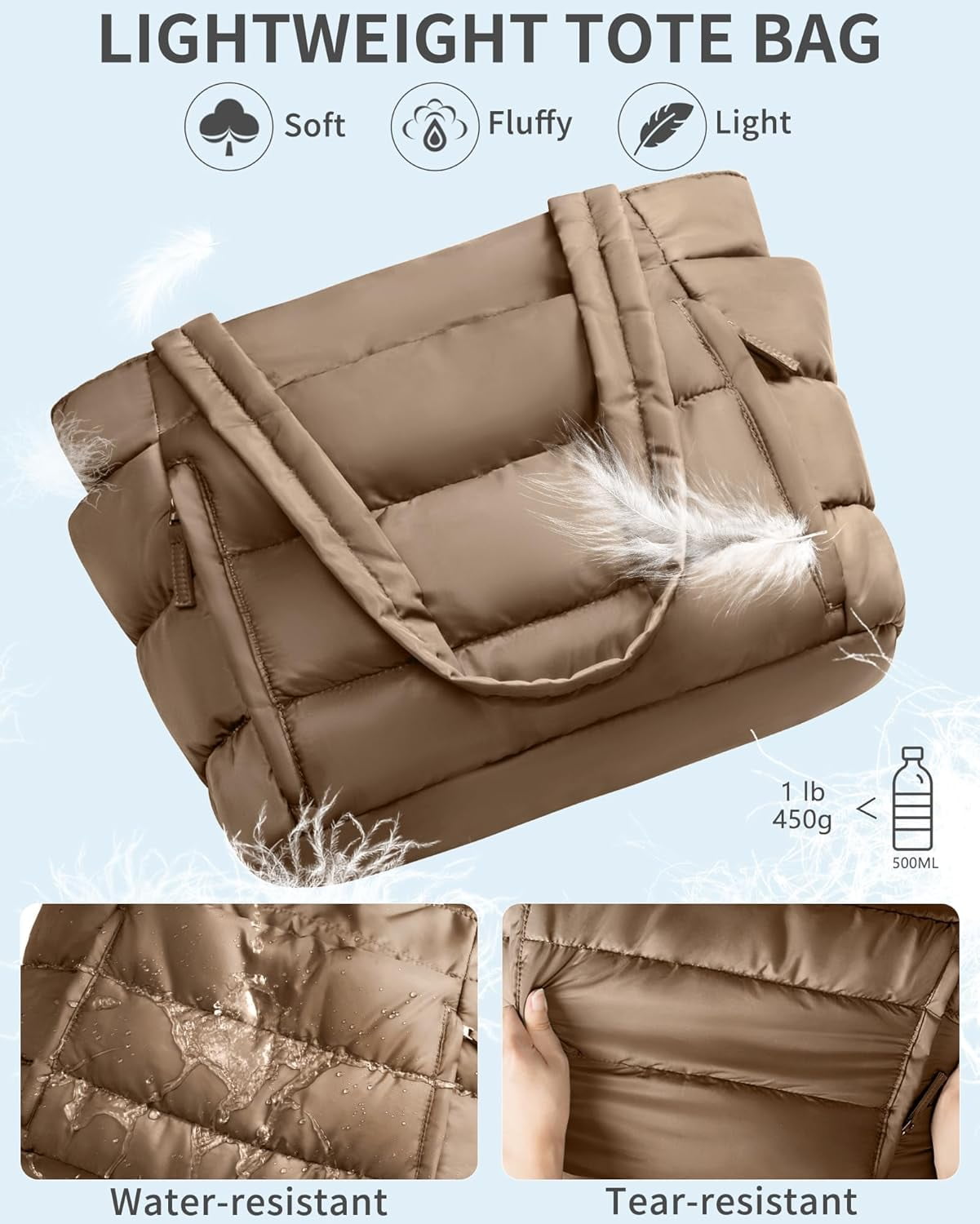 ZUTOYBOLIN Puffer Tote Bag for Women, Lightweight Puffy Work Handbag Teacher Nurse Quilted Shoulder , Daily College Bags, 15.6" Computer Bag, Clinical Nursing Bag, Ideal Gift for Women.Khaki
