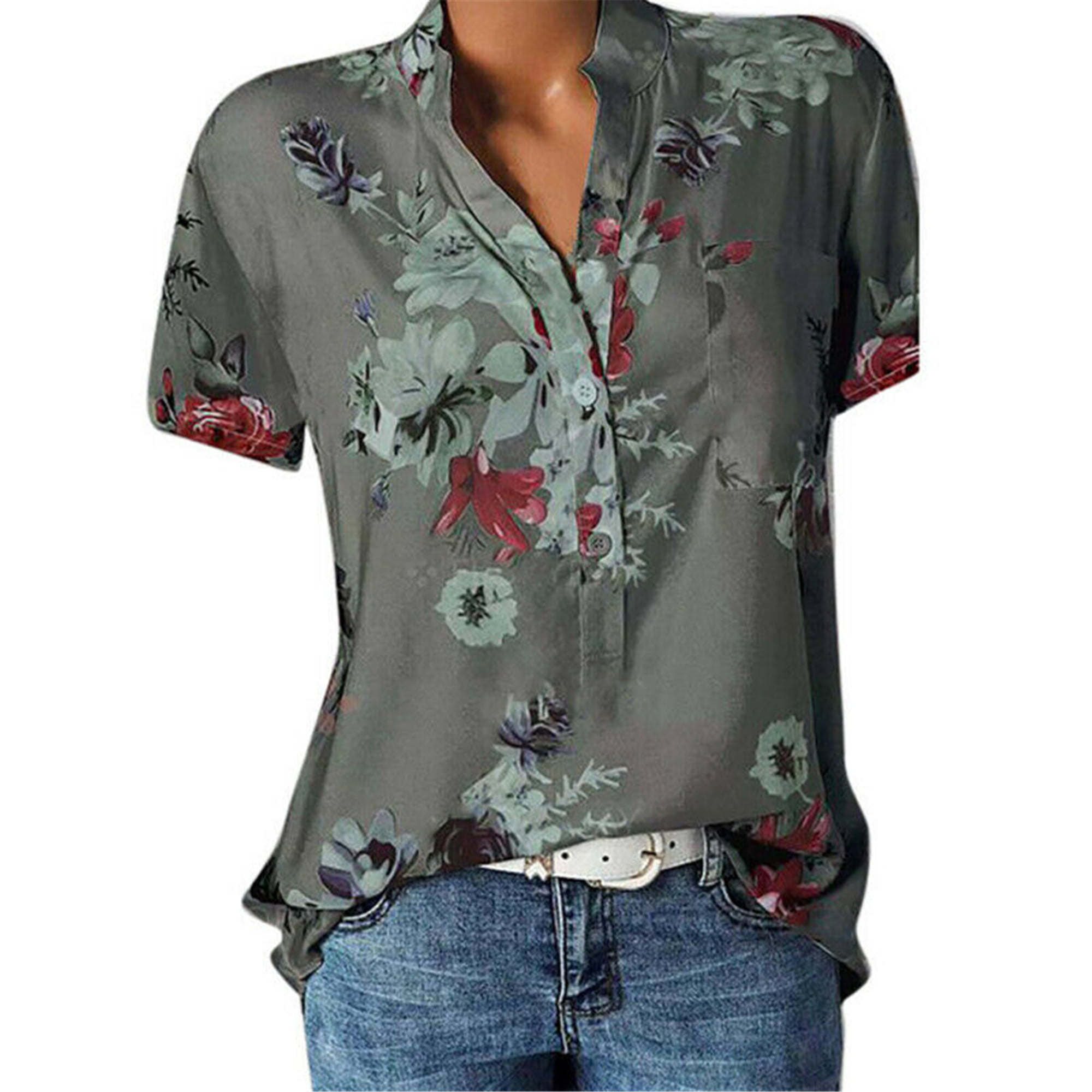 Womens Floral Print Button Shirts Short Sleeve O-Neck Summer Casual Blouse Tops Tshirts Tunic Trendy Dressy