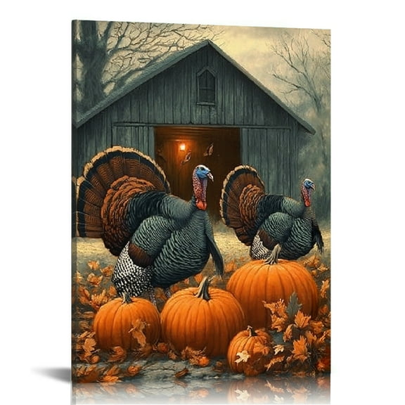 GooTPa Abstract Exquisite Canvas Wall Art, Realistic Turkeys with Pumpkins And Leaves Canvas Prints Wall Art for Living Room Bathroom Bedroom Office, Art Print Painting for Home Decorations - 12x16in