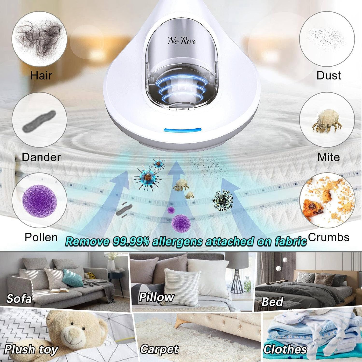 Mattress Vacuum Cleaner Anti-allergen with UV-C Light & Large Pulsating Pad 12kpa Suction & True Hepa Filter for Dust, Pet Hair, UV Bed Vacuum Corded