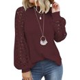 thumbnail image 4 of Haut Femme Blouse en Dentelle Manches Longues Col Rond T-Shirt Couleur Unie, Rouge Vin, L, 4 of 5