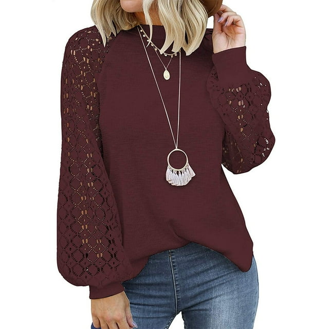 Decodeary Blouse en Dentelle à Manches Longues pour Femmes, Col Rond, Couleur Unie, T-Shirt Rouge Vin L