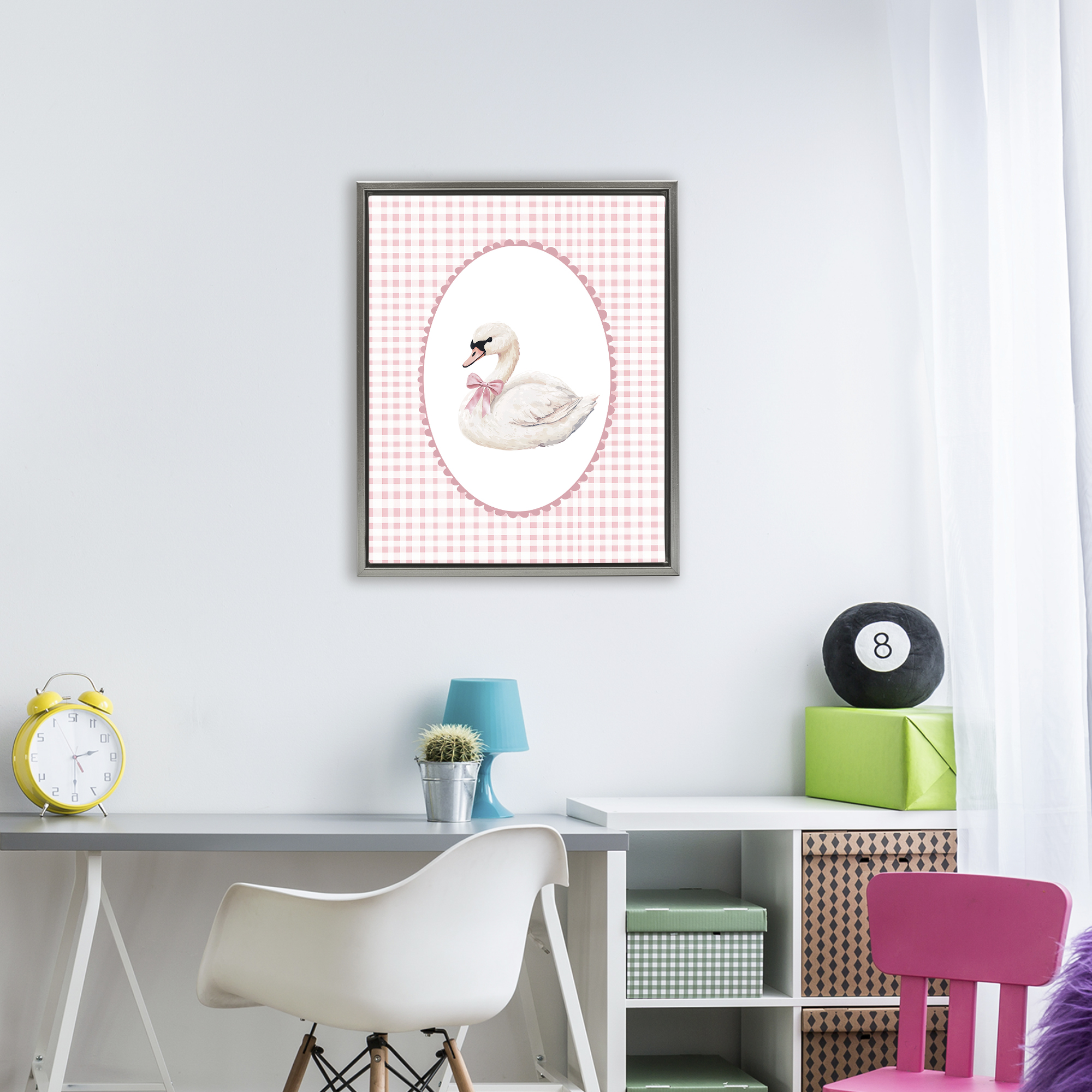 Gentle Swan on Pink Checkered Gray Framed Floater Canvas Wall Art, design by Christine Simpson Art