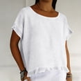 thumbnail image 5 of Women's Solid Loose Fit Short Sleeve Round Neck Ruffle Pleated Linen Casual Blouse Shirt Comfy Breathable Work Office Outfits | CSEONE,White L, 5 of 8