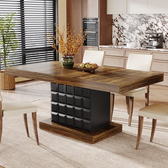Modern Farmhouse Dining Table 63 Inches Wide, Rectangular Wooden Table with Geometric Base, Spacious Tabletop for Family Meals, Brown and Black Finish
