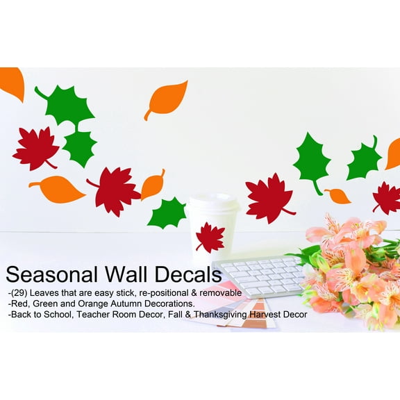 Colorful Fall & Autumn Leaves Wall Decals Seasonal Room Decor, Red Orange Green Includes (27) Leaves 3.5"-7"