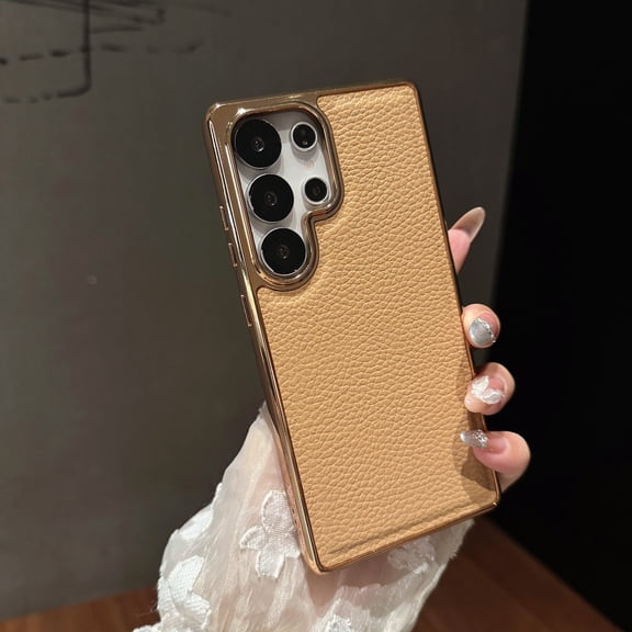 For Samsung Galaxy S25  Phone Case,Anti-Scratch Lychee Pattern PU Leather Back,Ultra Slim Shockproof Anti-fall Protection,Electroplated Frame,Non-Slip Rugged Durable Phone Case,Gold