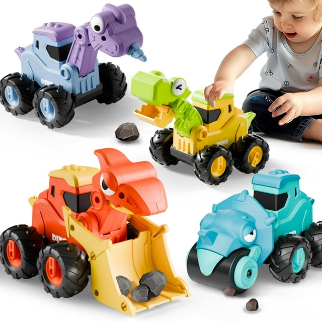 Iplay Ilearn Dinosaur Truck Toys para niños pequeños Dino Press Go Racing Cars Construcción para niños Sandbox Vehículos Playset Baby Push Go Friction Car Set Regalo de cumpleaños para 18 meses 2 3 4