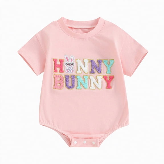 CAICJ98 My First Easter Baby Girl Boy Outfit Short Sleeve Bunny Shirt Onesie Bubble Romper Newborn Easter Summer Clothes (Pink,6-12 Months)