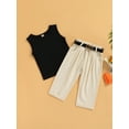 thumbnail image 3 of 3Pcs Girls Summer Outfits, Kids Round Neck Sleeveless Tank Tops + Casual Pants with Pockets + Waist Belt, 1-6 Years, 3 of 7