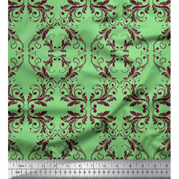 Soimoi Green Cotton Duck Fabric Quaterfoil Damask Print Sewing Fabric Yard 42 Inch Wide